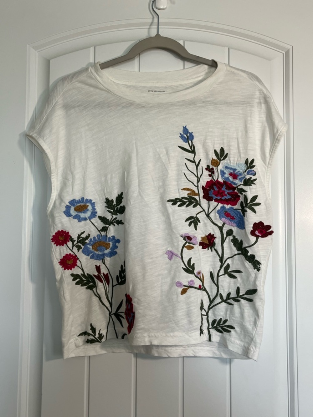 Anthropologie White Short-Sleeve Tee with Multicolor Floral Embroidery
